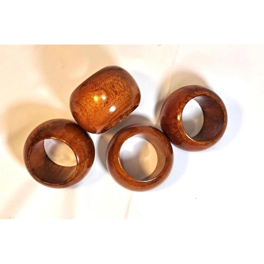 Vintage Mid Century Modern Polished Wood Napkin Rings Set of 4 Brown Round MCM